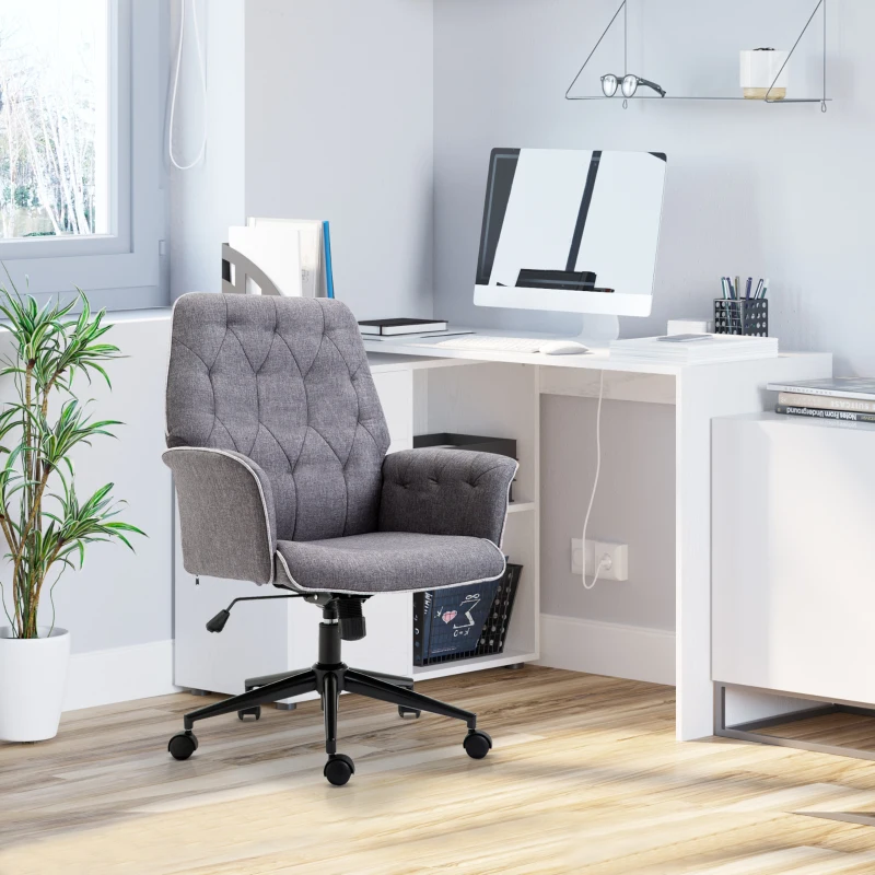 HOMCOM Linen Computer Desk Chair Tufted Height Adjustable Home Office Chair with Swivel Wheels and Padded Armrests Dark Gray