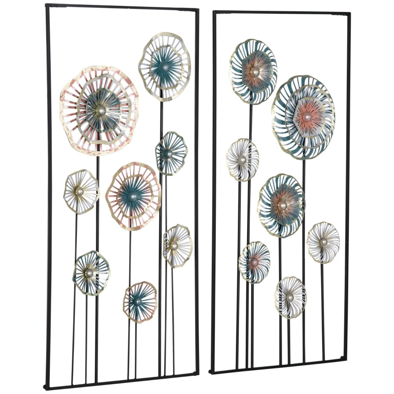 HOMCOM 3D Metal Wall Art Set of 2 Modern Flower Hanging Wall Sculpture Home Decor for Living Room Bedroom Kitchen 16"x32"x2, Blue Silver Gold