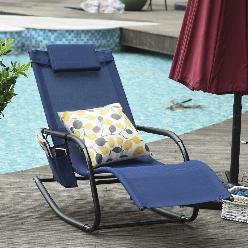 Outsunny Patio Rocking Chair with Mesh Fabric, Outdoor Rocking Sling Sun Lounger with Removable Headrest and Side Pocket for Garden, Deck, Lawn, Blue