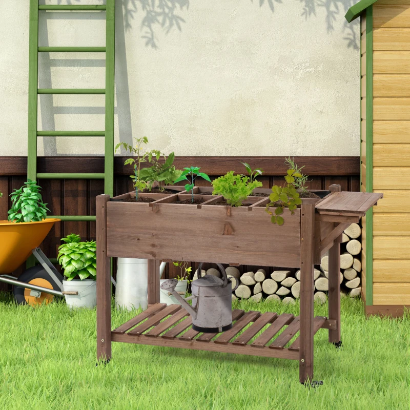Outsunny Wooden Garden Box, 34.25H with 8 Pockets and Lockable Wheels, Foldable Side Clapboard, Elevated and Self-Draining Design, to Grow Herbs, Vegetables, and Flowers, Brown