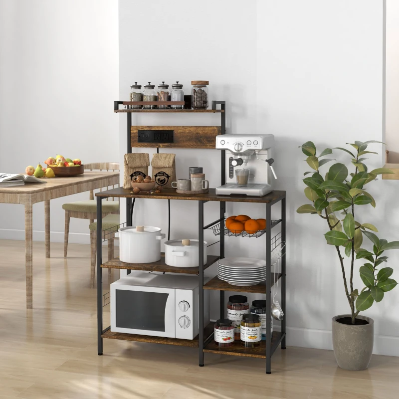 HOMCOM Kitchen Bakers Rack with Charge Station, Industrial Microwave Stand with Adjustable Shelf, 5 Hooks, Wire Basket