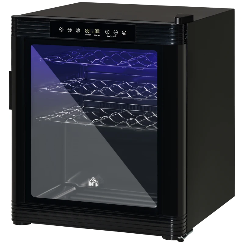 HOMCOM 18 Bottle Wine Cooler, Mini Beverage Fridge, Freestanding Wine Cellar with Digital Temperature Control, 3 Removable Shelves, Glass Door, Alarm Function and LED Lighting, Black
