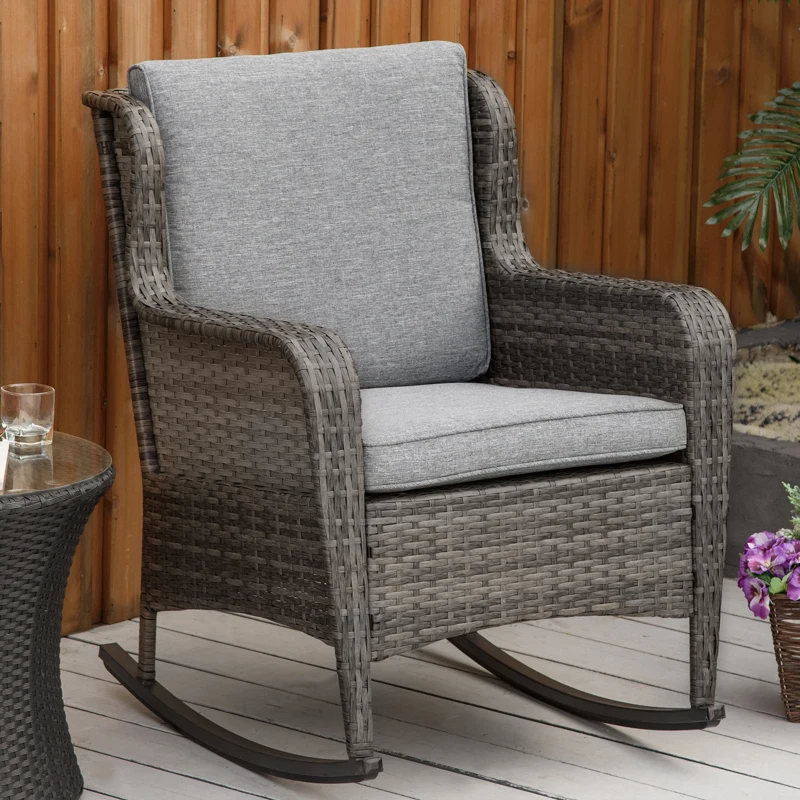 Outsunny Patio Wicker Rocking Chair, Outdoor PE Rattan Swing Chair w/ Soft Cushions, Classic Style for Garden, Patio, Lawn, Mixed Gray