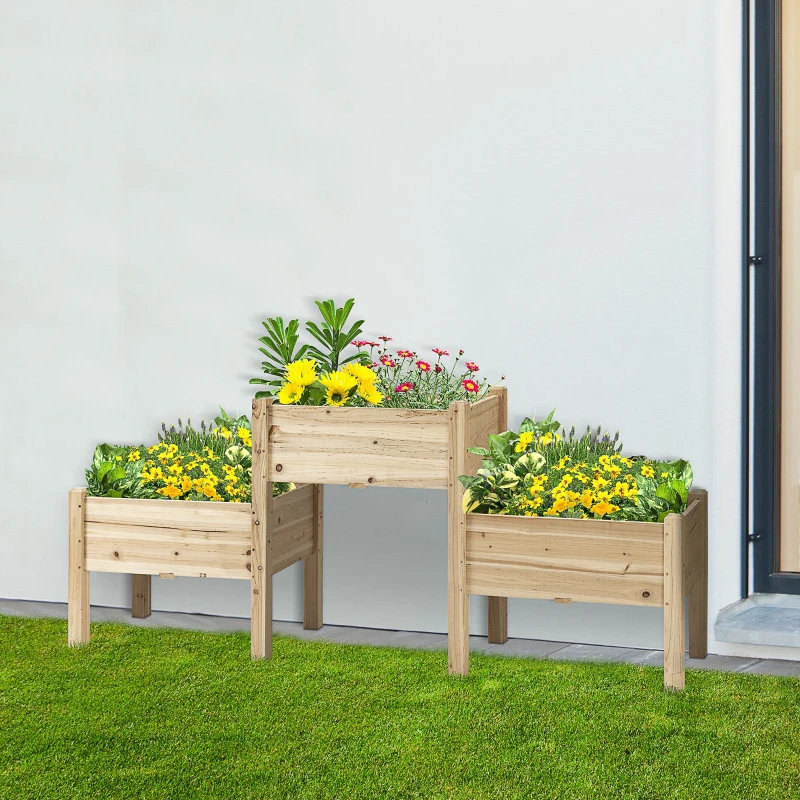 Outsunny Raised Garden Bed with 3 Planter Box, Elevated Wooden Plant Stand with Drainage Holes, for Vegetables, Herb and Flowers, Natural
