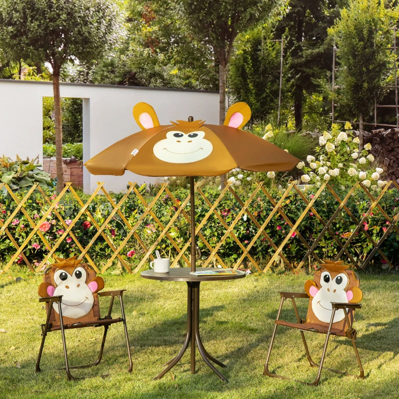 Outsunny Kids Table and Chair Set, Outdoor Folding Garden Furniture, Picnic Table for Patio Backyard, with Removable & Height Adjustable Sun Umbrella, Aged 3-6 Years Old, Brown