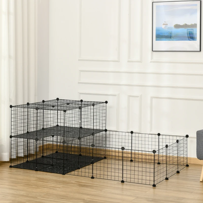 PawHut Pet Playpen with Door, Metal Mesh Cage with Mallet, Black