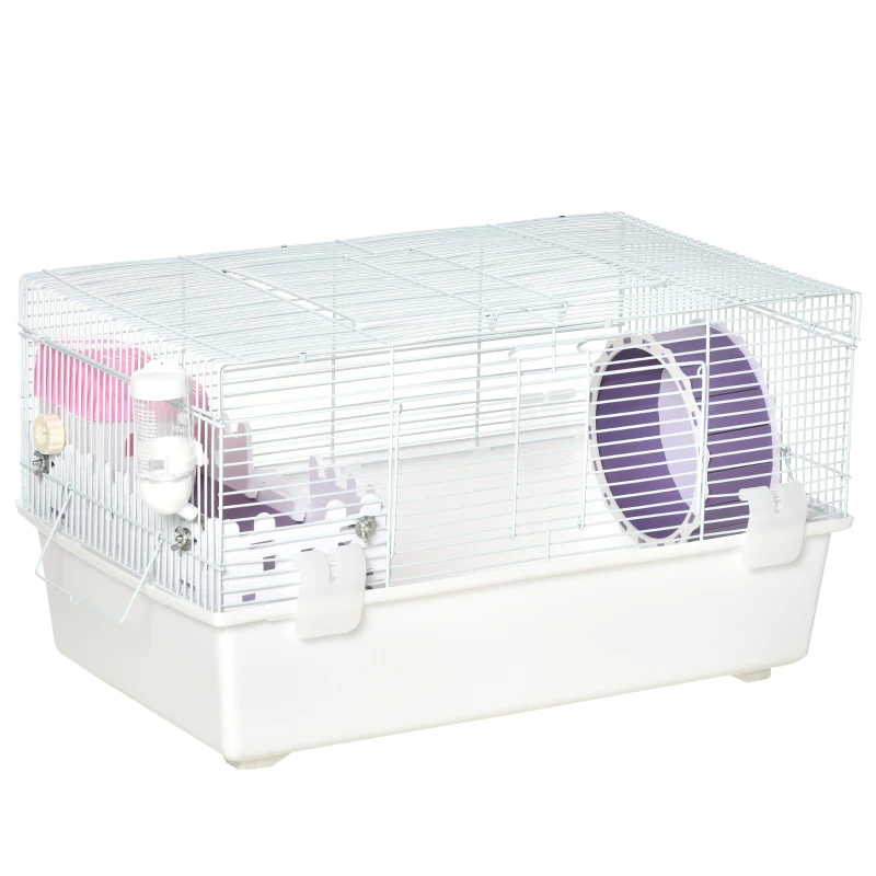 PawHut 2 Tier Hamster Cage Gerbil Rodent House Small Animal Habitat with Water Bottle, Exercise Wheel, Ladder, Hut, White