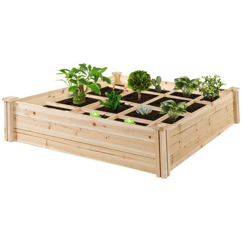 Outsunny Wooden Garden Box, 3.9x3.9 with Segmented Growing Grid, Elevated Design, Open Bottom, Rust-Resistant, Solid Wood Material for Backyard Plants & Herbs, Natural