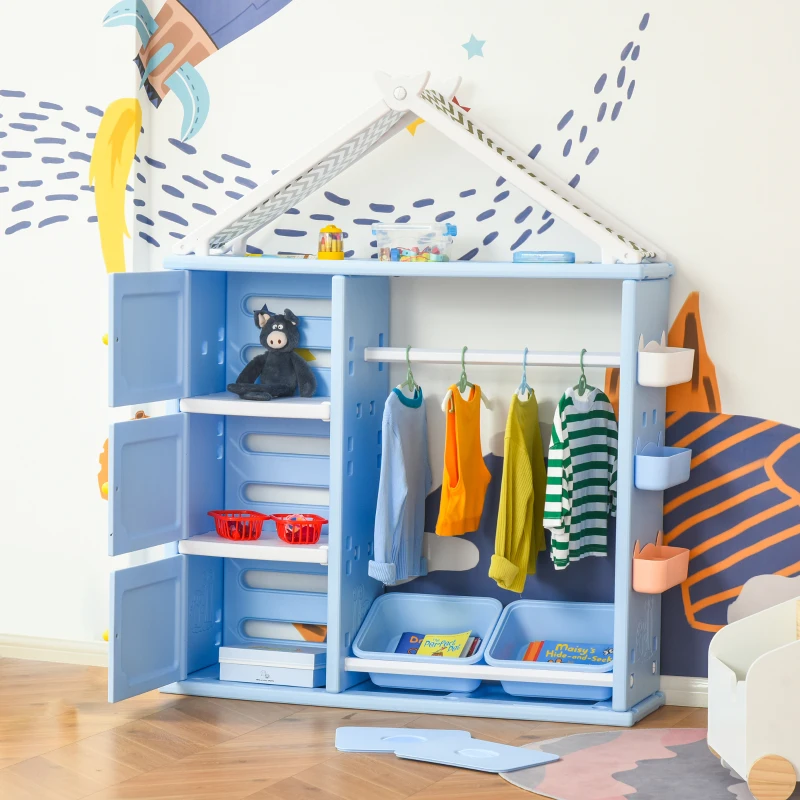Qaba Kids Dress Up Storage, Multifunctional Kids Wardrobe Closet Hanging Rack Built for Kids Bedroom Storage, Featuring Bins, Cabinets, Top Shelf, and Drop-In Shelves, Blue