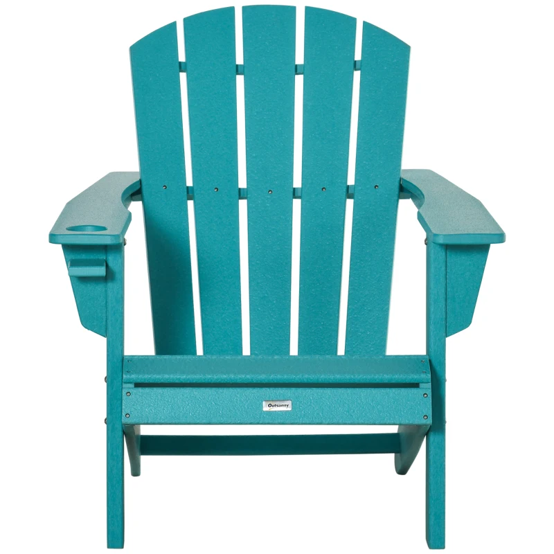 Outsunny Adirondack Chair with Cup Holder, All Weather Patio Chair HDPE Lounger, Fire Pit Seating High Back and Wide Seat for Outdoor, Backyard, Garden, Deck, Lawn, Light Blue
