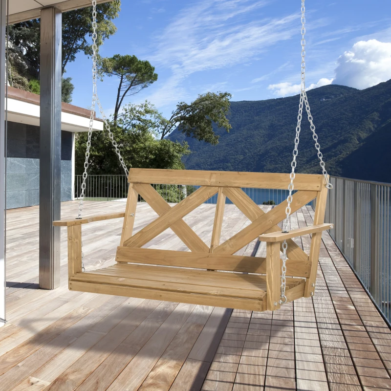 Outsunny 2 Person Porch Swing, Patio Swing, Outdoor Swing Bench with Pine Wood Frame and Hanging Chains for Garden and Yard, 550 lbs Weight Capacity, X Shaped Design, Natural