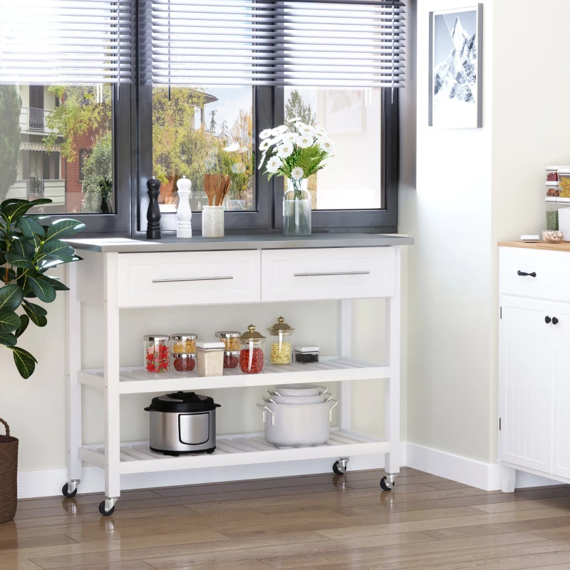 HOMCOM Kitchen Island with Stainless Steel Top, Traditional Kitchen Island with Storage, Butcher Block Cart 2-Tier Open Shelves, Drawers, White