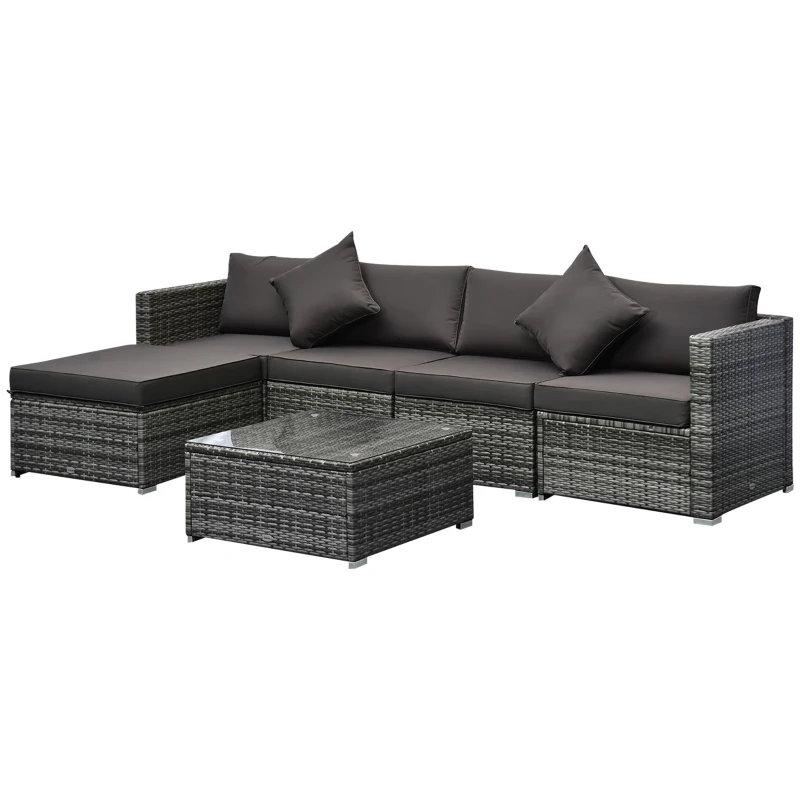 Outsunny 6 Piece Patio Furniture Set Outdoor Wicker Conversation Set All Weather PE Rattan Sectional Sofa Set with Ottoman, Cushions and Tempered Glass Table, Mixed Gray and Charcoal