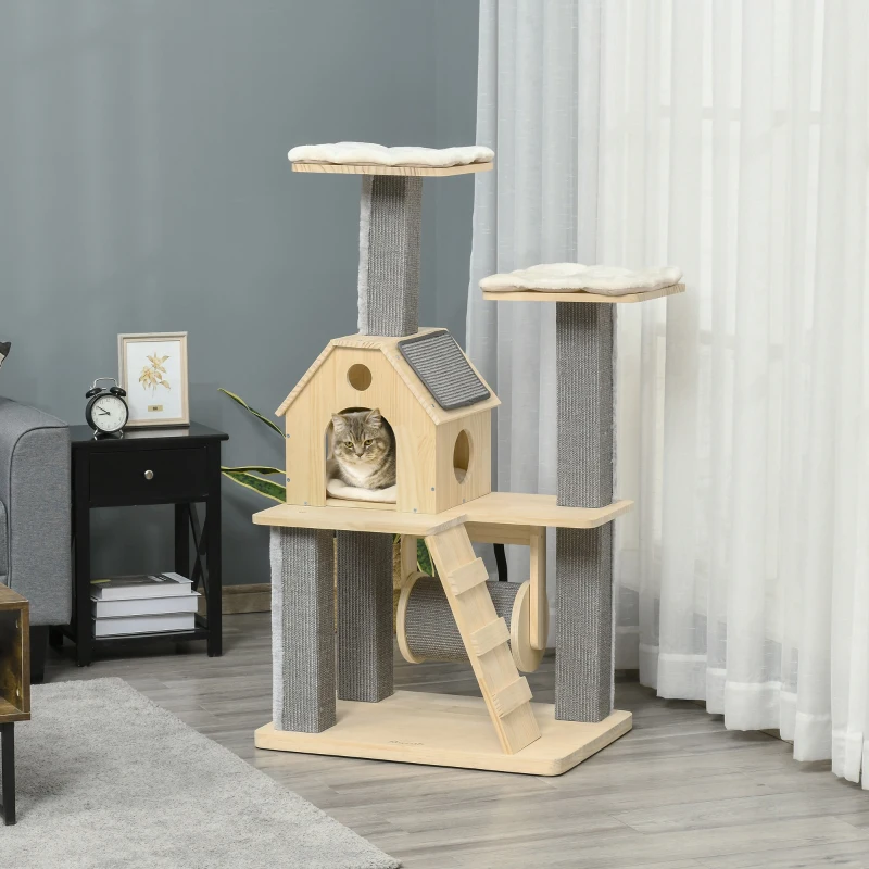 PawHut 49" Cat Tree, Cute Cat Tower with Pillow Covered Perches, Spinning Toy, Cat Condo, Scratching Posts, Ladder, Cat Activity Center, Cat Furniture for Indoor Cats, Natural