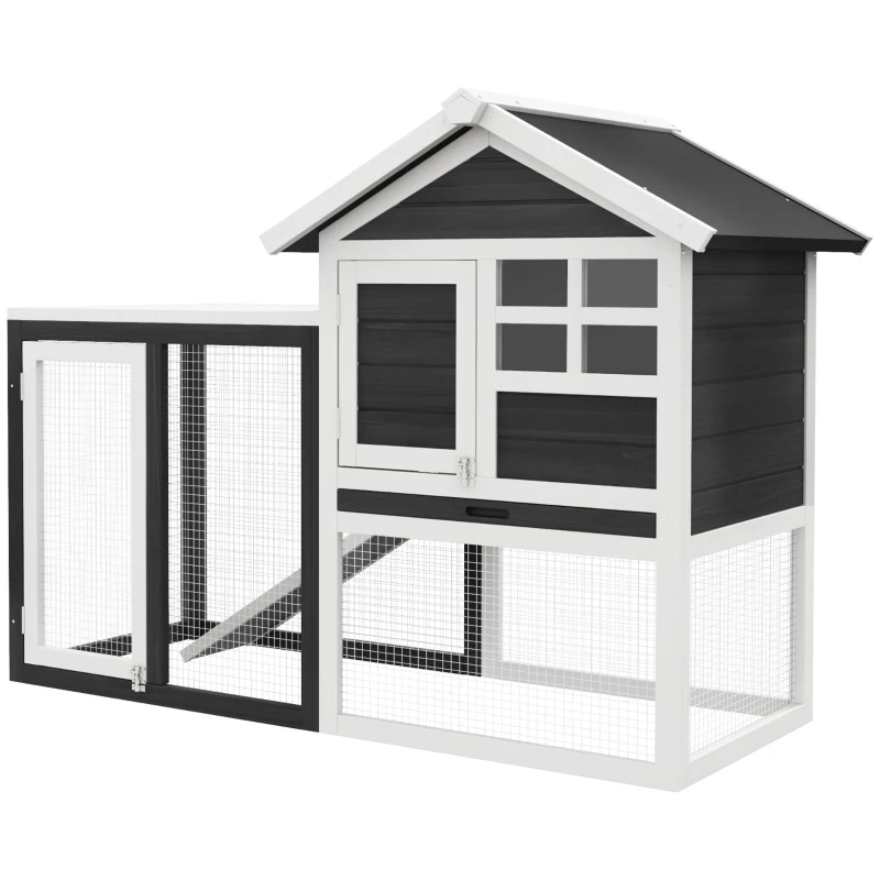 PawHut Indoor Rabbit Enclosure, 48" Weatherproof Wooden Rabbit Hutch, with Slanted Asphalt Roof & Fun Outdoor Run for Bunnies & Ferrets - Gray