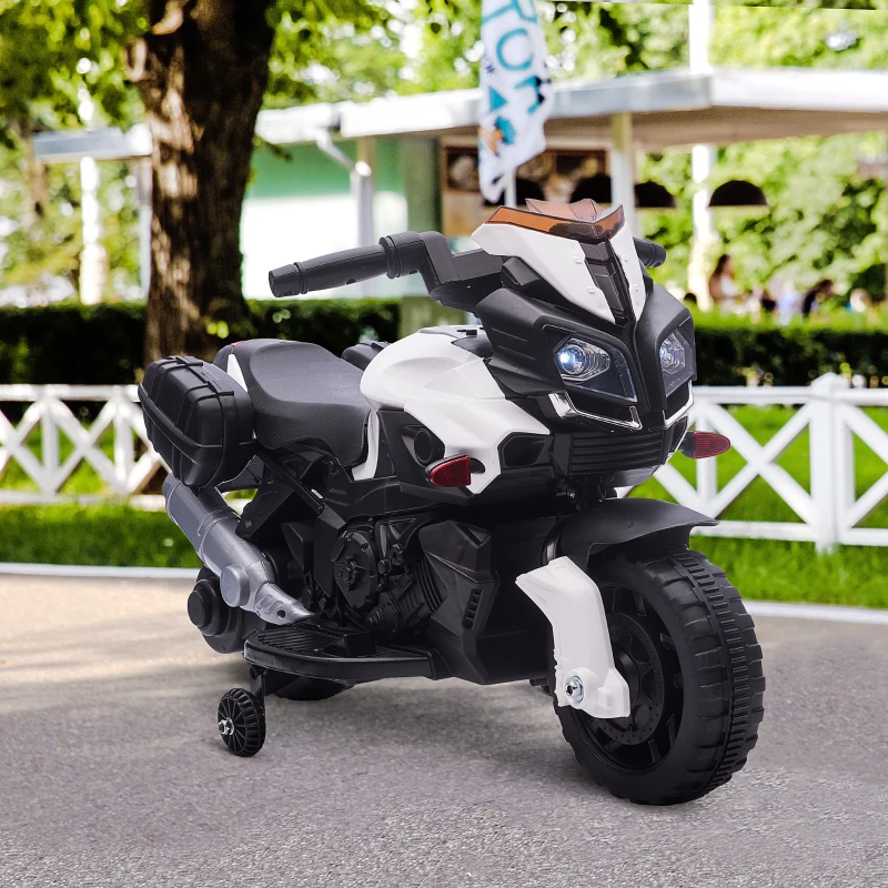 Aosom 6V Electric Motorcycle for Kids, Dirt Bike, Battery-Powered Ride-On Toy Off-Road Street Bike with Pedal, Headlights, and Training Wheels, White