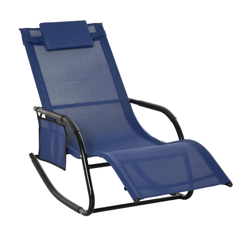 Outsunny Patio Rocking Chair with Mesh Fabric, Outdoor Rocking Sling Sun Lounger with Removable Headrest and Side Pocket for Garden, Deck, Lawn, Blue