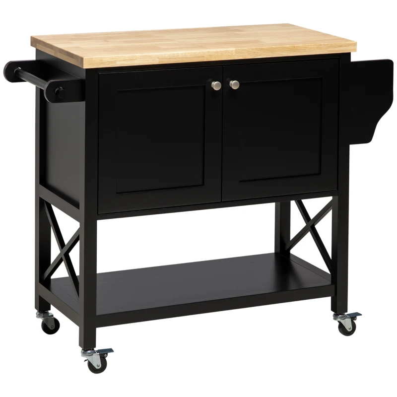 HOMCOM Rolling Kitchen Island Cart with Rubberwood Top and Storage, Black