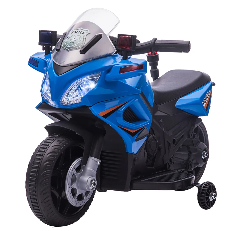 Aosom 6V Kids Motorcycle Police Electric Ride-On Dirt Bike Off-road Street Bike Battery Powered Rechargeable Horn Headlights Training Wheels Realistic Sounds for Girls and Boys 18 - 36 months Blue