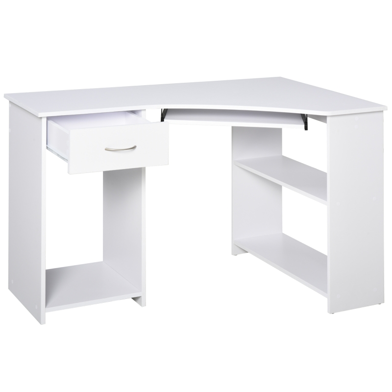 HOMCOM 47" L-Shaped Desk with Keyboard Tray, Computer Corner Desk for Small Space with Shelves, Drawer, CPU Stand, Home Office Writing Table, White