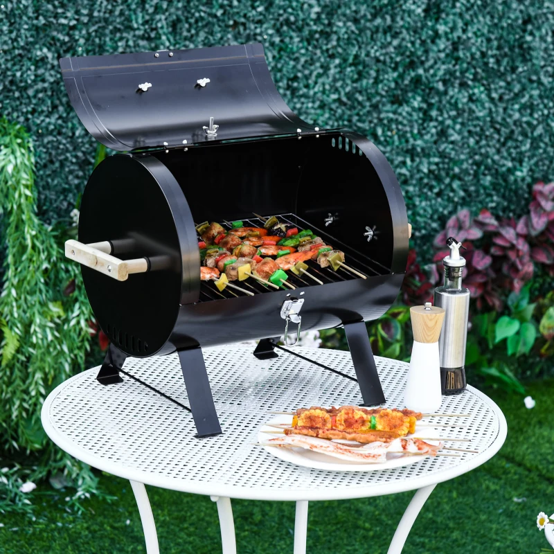 Outsunny 20" Charcoal Barbecue Grill with Wooden Handle Portable Outdoor Camping Charcoal Barbecue Grill Improved Air Circulation