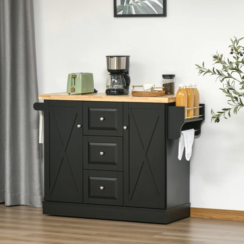 HOMCOM Farmhouse Mobile Kitchen Island Utility Cart on Wheels with Barn Door Style Cabinets, Drawers - Black