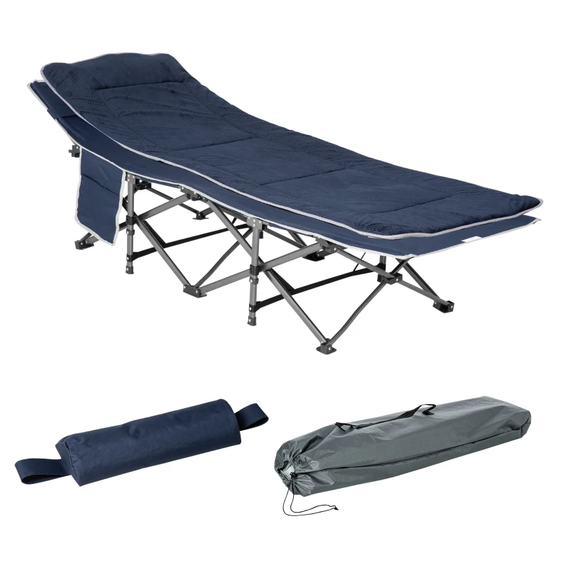 Outsunny Folding Camping Cot, Double Layer Heavy Duty Sleeping Cot with Carry Bag, Headrest, 2-Sided Reversible Mattress, Portable & Lightweight Cot Bed, Blue