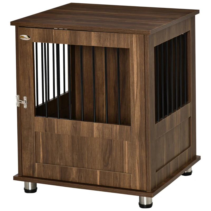 PawHut Dog Crate Furniture, Wooden End Table Furniture with Lockable Magnetic Doors, Small Size Pet Kennel Indoor Animal Cage, Brown
