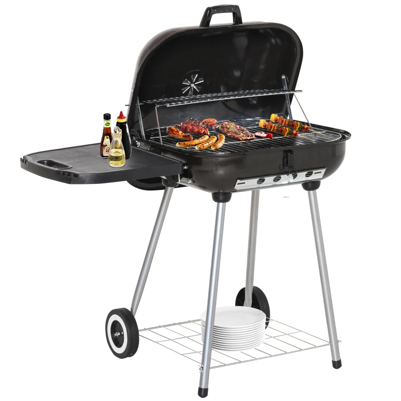 Outsunny 22" Charcoal Barbecue Grill with Portable Wheel, Side Tray and Lower Shelf for Outdoor BBQ for Garden, Backyard, Poolside
