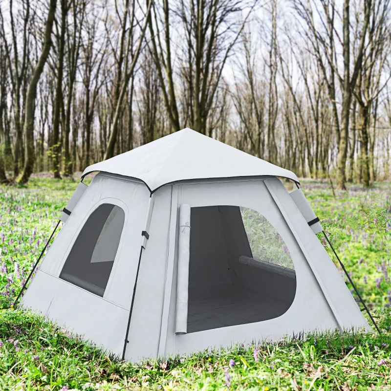 Outsunny 3-4 Person Automatic Camping Tent w/ Porch, Pop Up Tent, Portable Backpacking Shelter with Mesh Windows, Zipped Door, Floor, Hang Hook & Portable Carry Bag, Silver