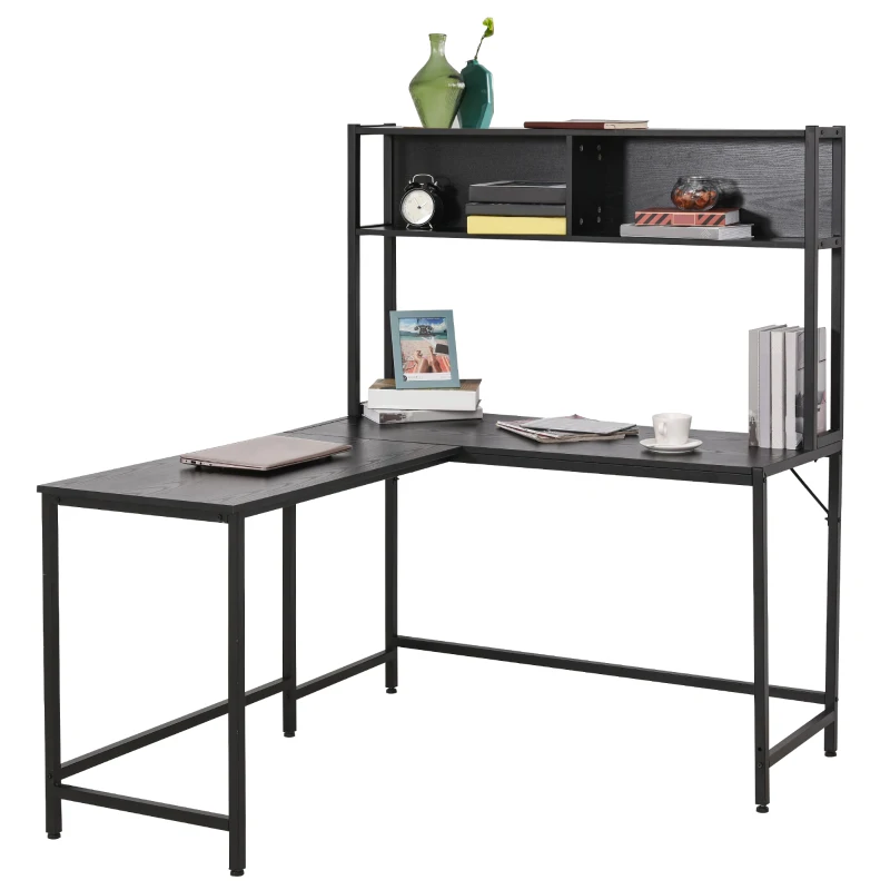HOMCOM 55 Inch L Shaped Computer Desk with Hutch, Corner Desk for Home Office and Study, Writing Workstation with 2 Storage Compartments, Black