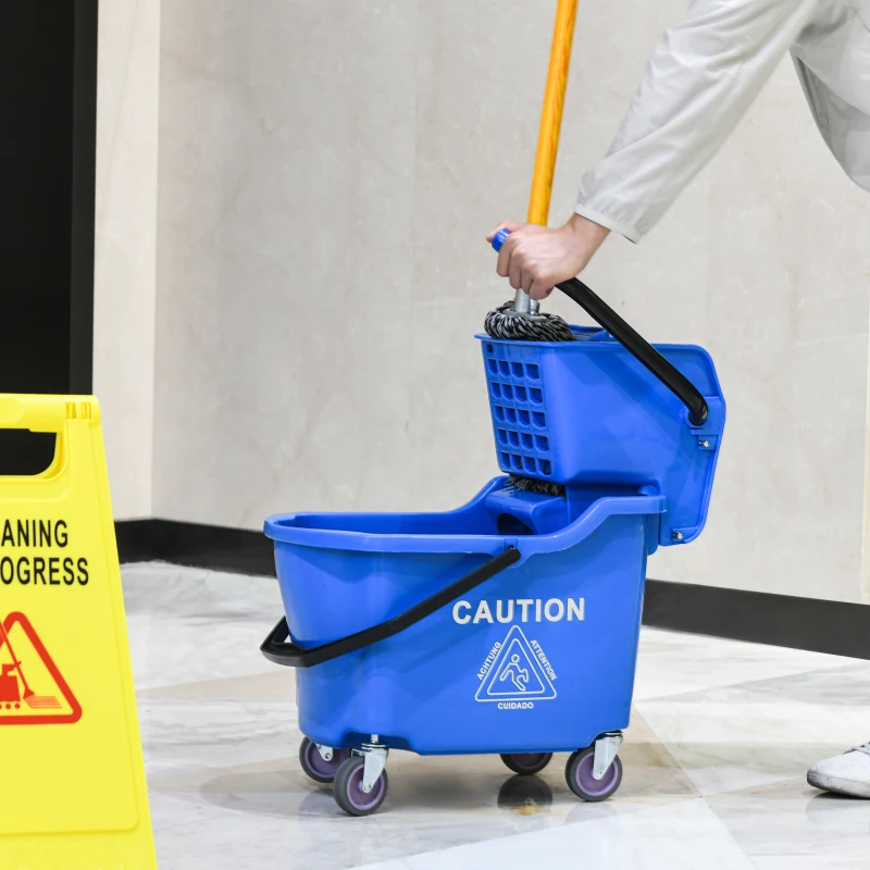 HOMCOM Mop Bucket Cart with Side Press Wringer, Metal Handle and 34 Quart Capacity, Blue