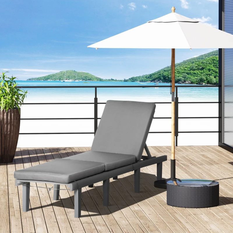 Outsunny Chaise Lounge Chair for Outdoor, Wood Outdoor Chaise Lounge with 4-Position Adjustable Backrest and Cushion, Reclining Beach Lounge Chair for Deck, Pool, Lawn and Sunbathing, Gray