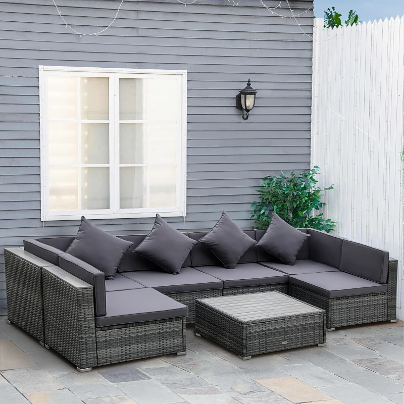 Outsunny 7-Piece Patio Furniture Sets PE Rattan Sectional Sofa Set Outdoor Conversation Set w/Acacia Top Coffee Table & Cushion for Garden, Backyard, Grey