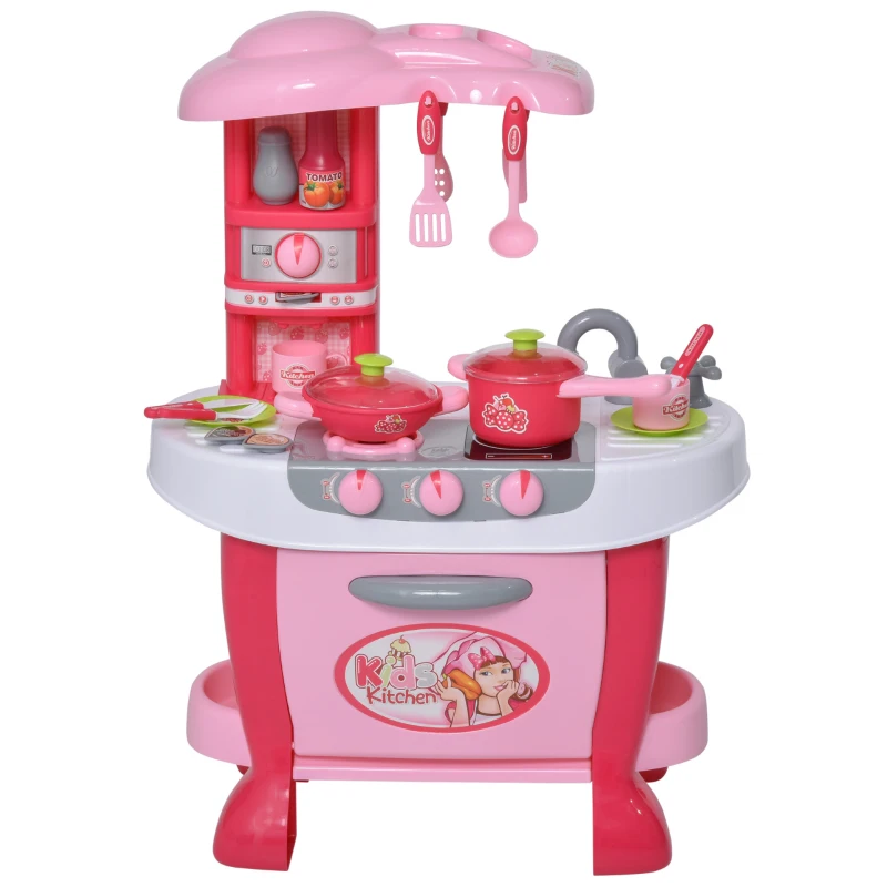 Qaba Kids Kitchen Play Set Pretend Toy Children Role Play Game Toy with Light & Sound Function  38Pcs Toy Accessories - Pink