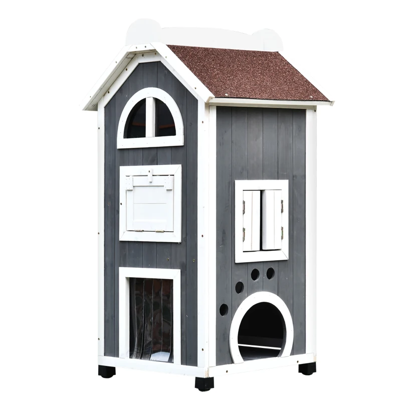 PawHut 43"H Wooden Cat House Outdoor with Hammock, Weatherproof 3-Floor Feral Cat Shelter with Escape Doors, Asphalt Roof, Inside Ladders, Gray