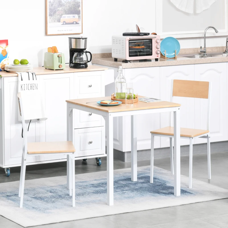 HOMCOM 3-Piece Wooden Square Dining Table Set with 1 Table and 2 Chairs and Sturdy Metal Frame for Small Space, White