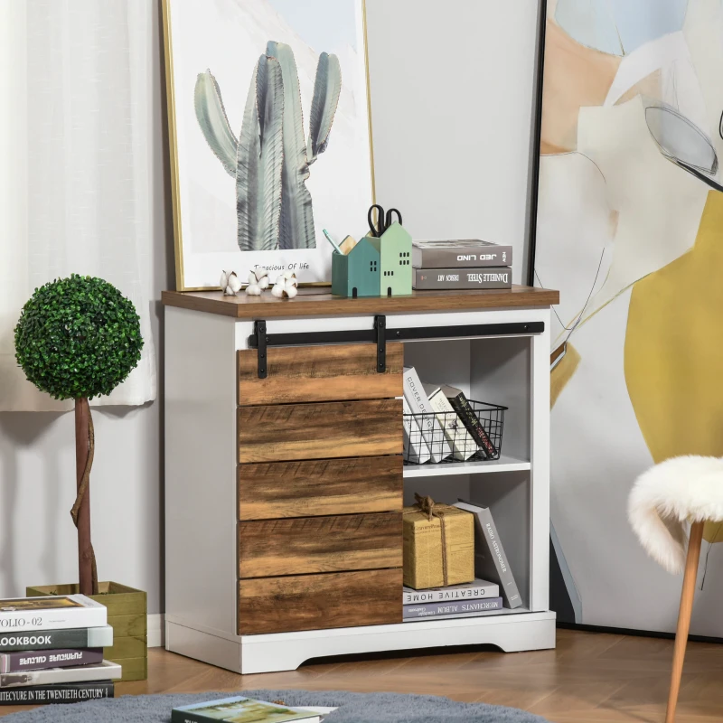 HOMCOM Farmhouse Sideboard Buffet Cabinet, Sliding Barn Door Style Accent Cabinet, Kitchen Cabinet with Interior Shelves, White/Brown