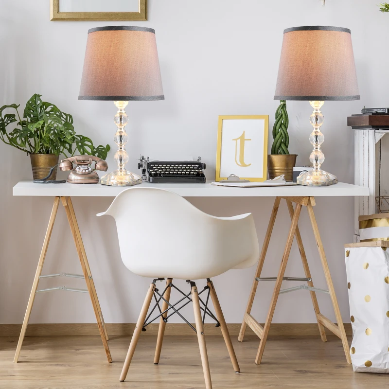 HOMCOM Crystallite Modern Table Lamps for Bedroom Set of 2, Bedside Desk Lamp for Home Office, Living Room Lamp Set with Fabric Lampshades, Gray