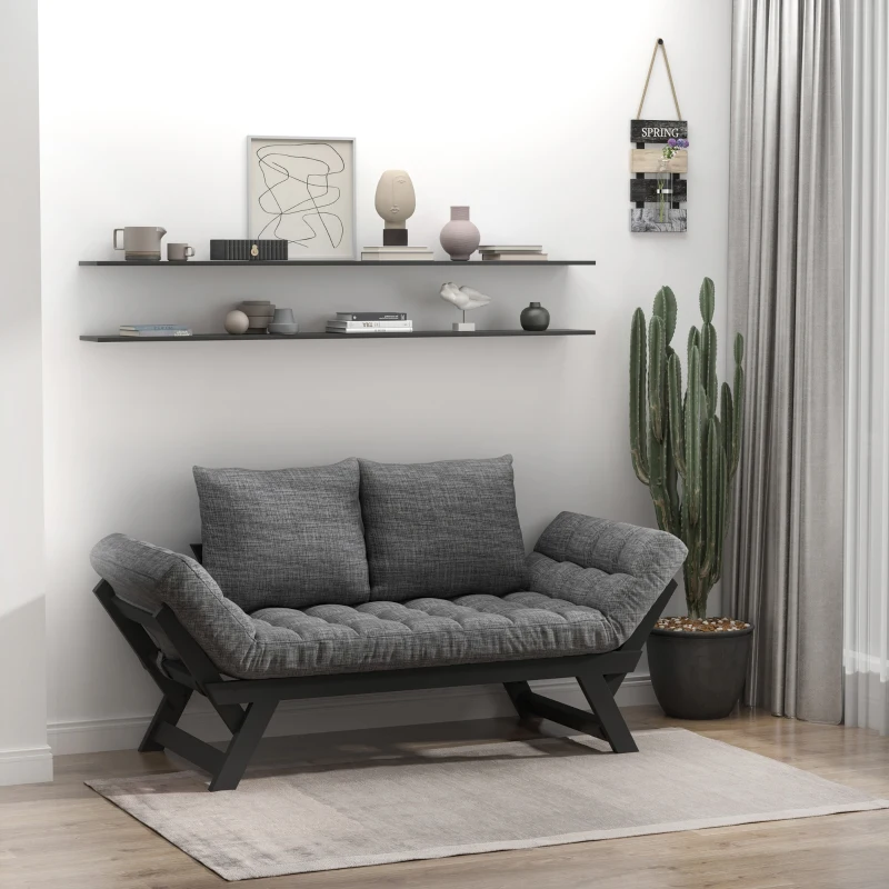HOMCOM Single Person 3 Position Convertible Chaise Lounger Sofa Bed with 2 Large Pillows and Oak Frame, Dark Gray