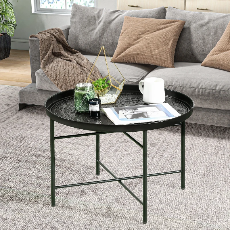 HOMCOM Coffee Table for Living Room, 24" Round Center Table with Hammered Tray Top and Metal Frame for Bedroom, Black