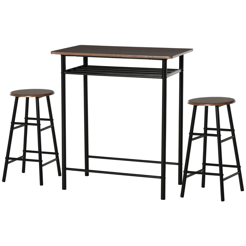 HOMCOM 3 Piece Counter Height Bar Table and Chairs Set, Space Saving Dining Table with 2 Matching Stools, Storage Shelf Metal Frame Footrest, Black, Brown
