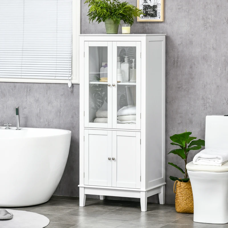 kleankin Bathroom Floor Cabinet with 2 Storage Cabinets, Tempered Glass Door, Freestanding Linen Tower with Adjustable Shelves for Living Room, White