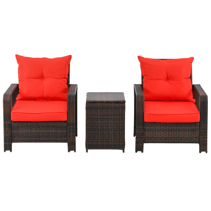 Outsunny 3 Piece Patio Furniture Set, PE Wicker Storage Table & Chairs, Red