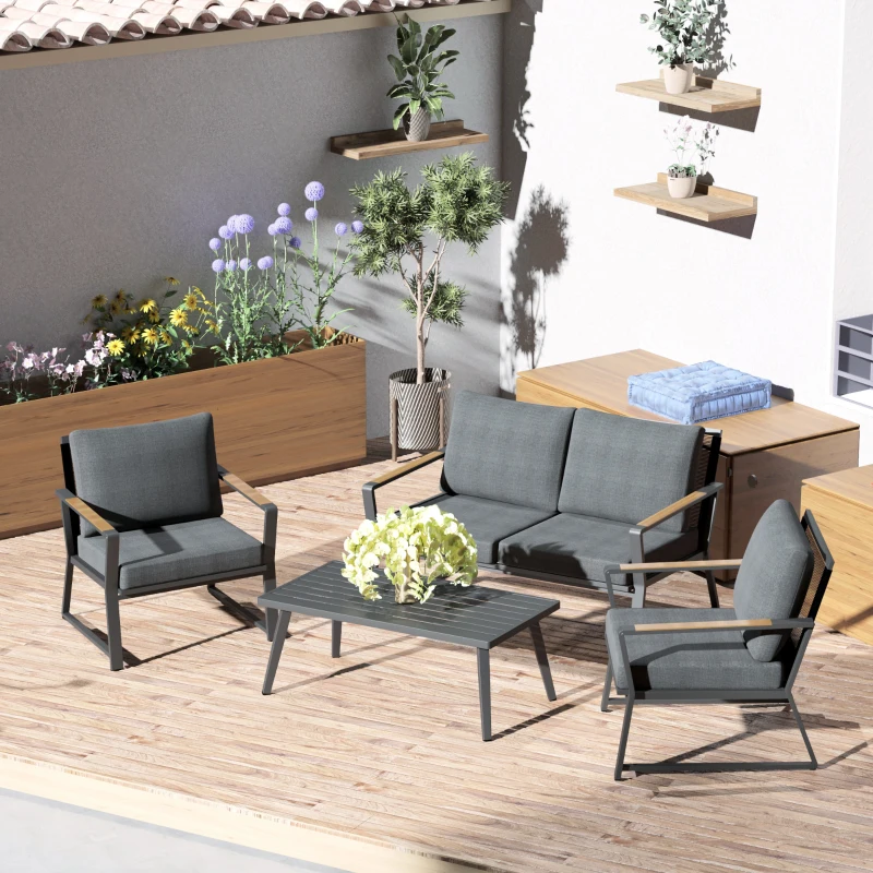 Outsunny 4 Piece Patio Furniture Set, Aluminum Conversation Set, Outdoor Garden Sofa Set with Armchairs, Loveseat, Center Coffee Table and Cushions, Dark Grey
