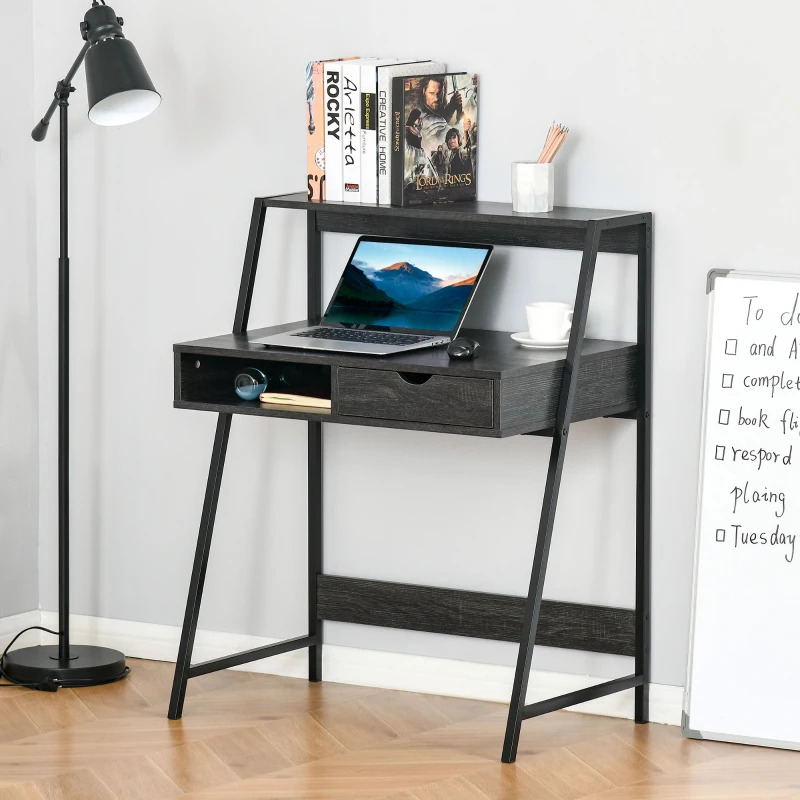 HOMCOM Home Office desk, Computer Desk for Small Spaces, Study Table with Drawer and Storage Shelves, Charcoal Gray