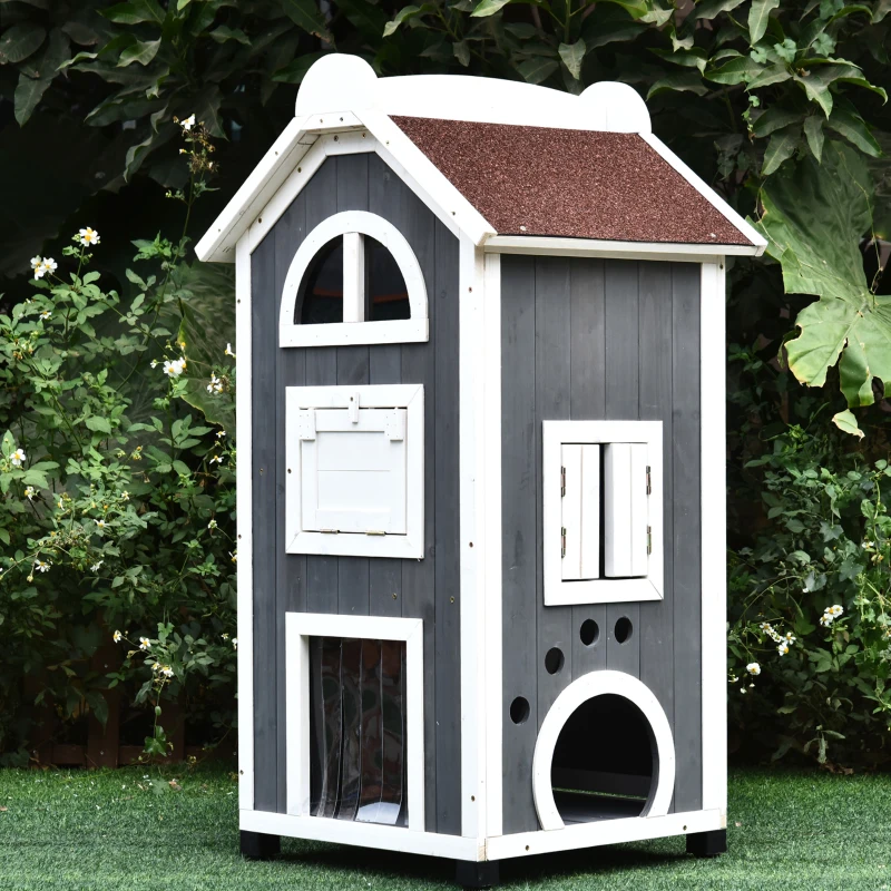 PawHut 43"H Wooden Cat House Outdoor with Hammock, Weatherproof 3-Floor Feral Cat Shelter with Escape Doors, Asphalt Roof, Inside Ladders, Gray