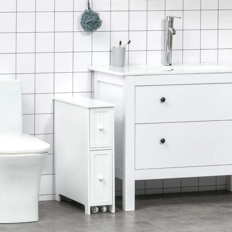 kleankin Slim Bathroom Cabinet, Freestanding Storage Cabinet, Toilet Paper Holder with Two Drawers, Side Towel Rack, and Wheels, 7 x 20.5 x 24.75 Inches, White