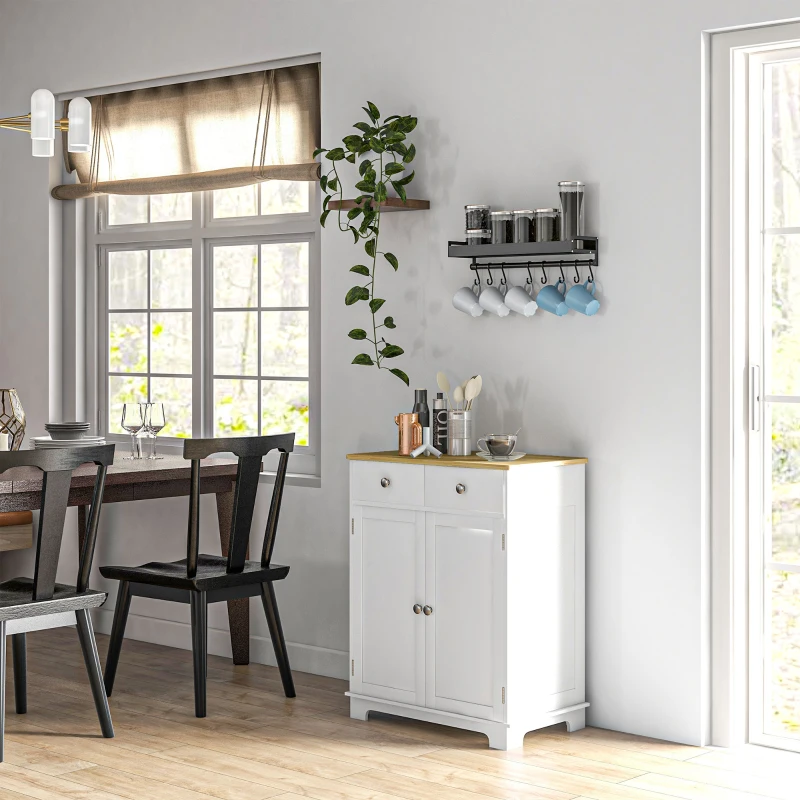 HOMCOM Kitchen Storage Cabinet, Sideboard Floor Cupboard with Solid Wood Top, Adjustable Shelf, and 2 Drawers, Distressed White