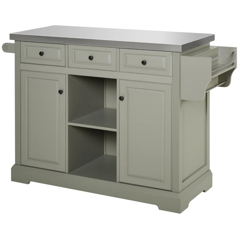 HOMCOM Rolling Kitchen Island with Storage, Kitchen Cart with Stainless Steel Top, Spice Rack & Drawers, Gray